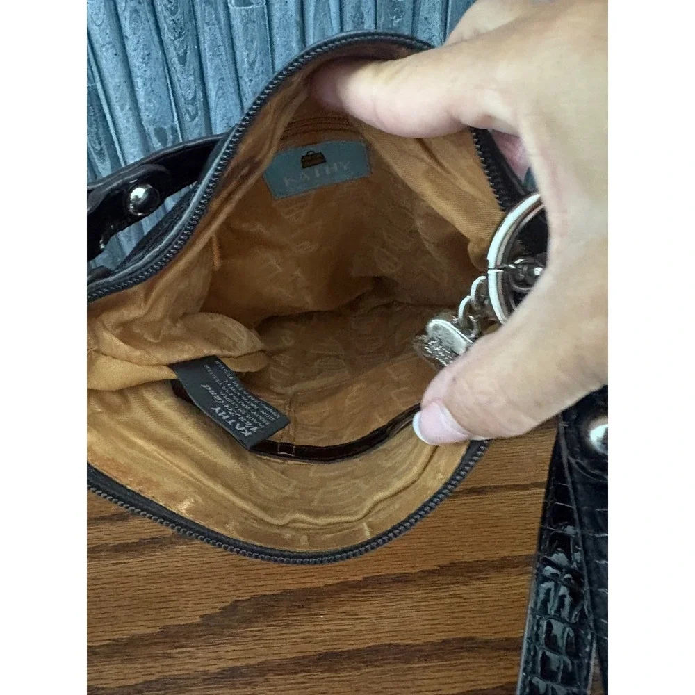 Kathy Van Zeeland Black Croc Studded Crossbody Bag Y2K Silver Hardware